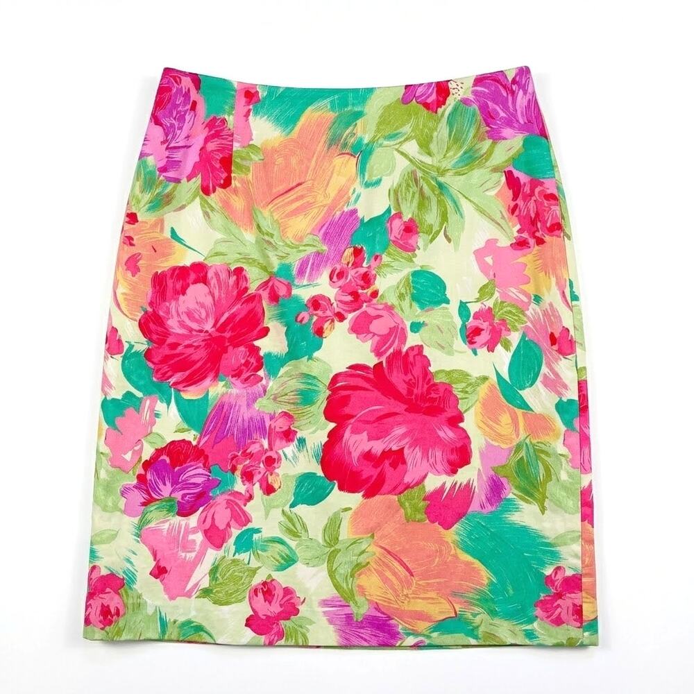 Talbots Bright Floral Pencil Skirt Green Pink Cotton Vintage Career Womens 6